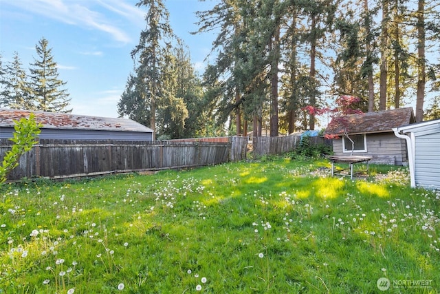 view of yard featuring an outdoor structure and a fenced backyard