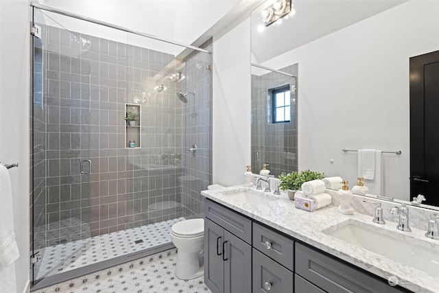 bathroom with vanity, toilet, and an enclosed shower