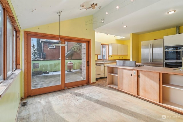 kitchen with light hardwood / wood-style flooring, hanging light fixtures, vaulted ceiling, and stainless steel appliances