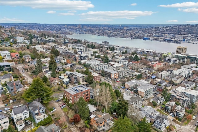 drone / aerial view featuring a water view