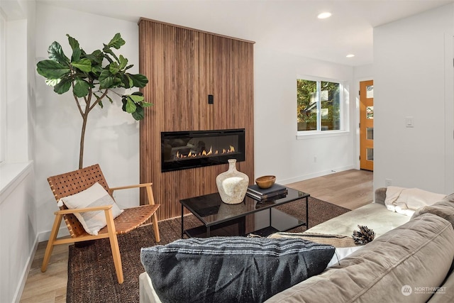 living room with a large fireplace and light wood-type flooring