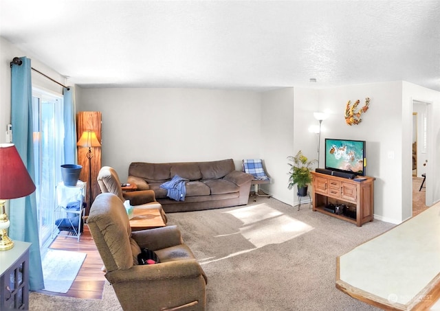 living room with light carpet and a textured ceiling