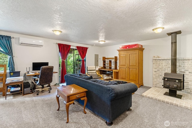 living area featuring light colored carpet, a wood stove, a textured ceiling, and an AC wall unit