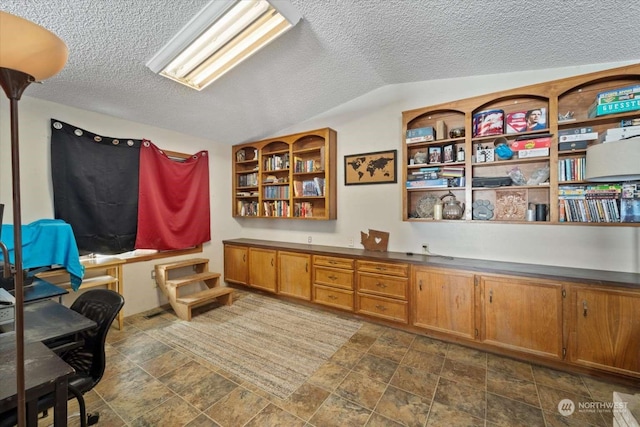 miscellaneous room with vaulted ceiling and a textured ceiling