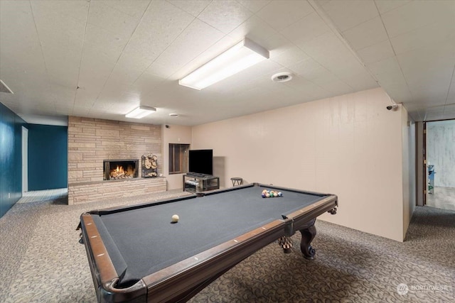 playroom featuring carpet, pool table, and a fireplace