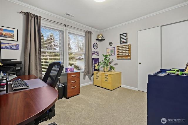 office space featuring crown molding and light carpet