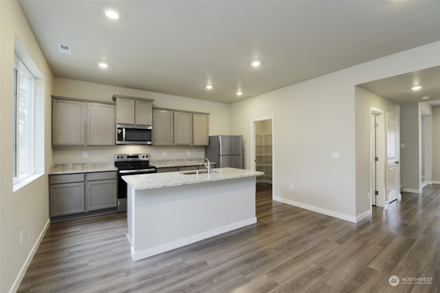 kitchen featuring appliances with stainless steel finishes, wood-type flooring, sink, light stone countertops, and a center island with sink