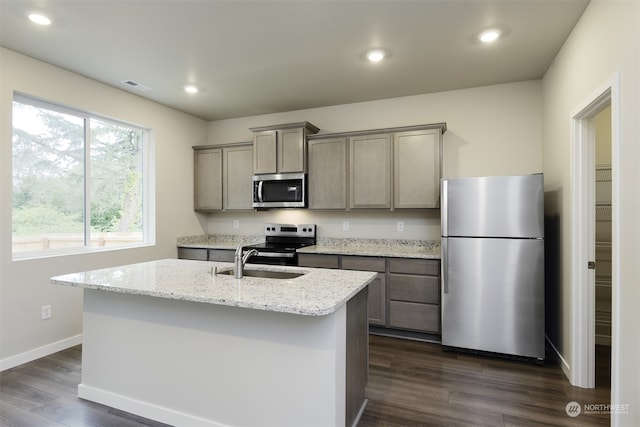 kitchen with sink, dark wood-type flooring, a kitchen island with sink, stainless steel appliances, and light stone countertops