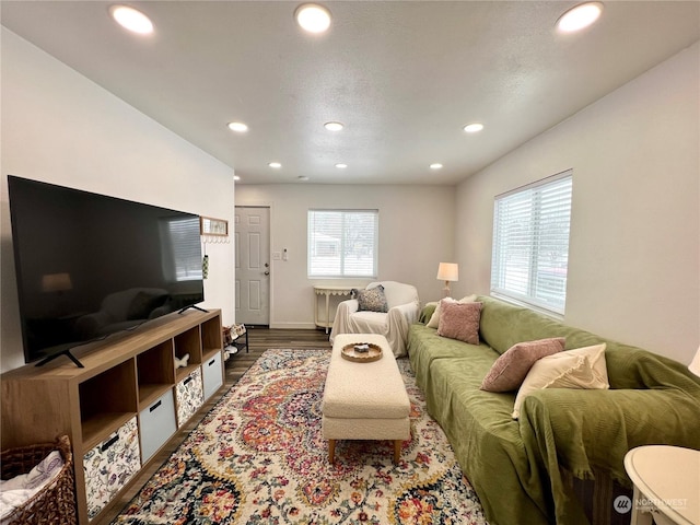 living room with hardwood / wood-style flooring, a healthy amount of sunlight, and a textured ceiling