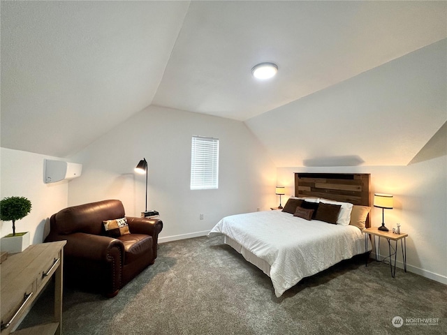 bedroom featuring dark colored carpet and lofted ceiling