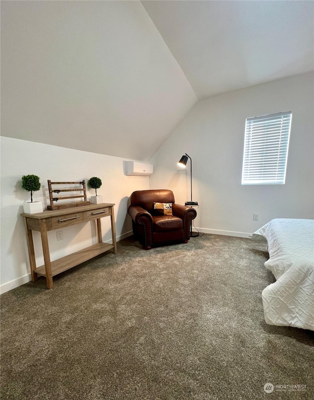 living area with vaulted ceiling, carpet, and a wall mounted AC