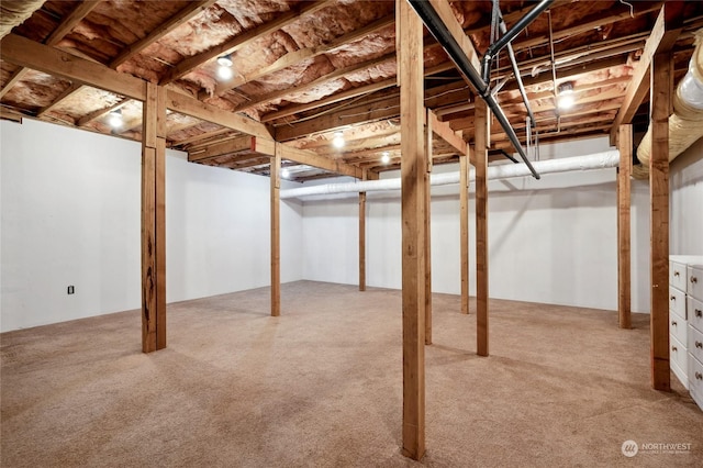 basement featuring light carpet