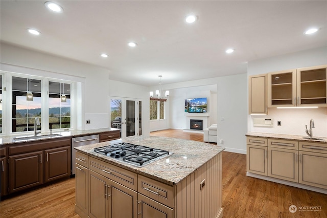 kitchen featuring sink, light hardwood / wood-style flooring, light stone countertops, and appliances with stainless steel finishes