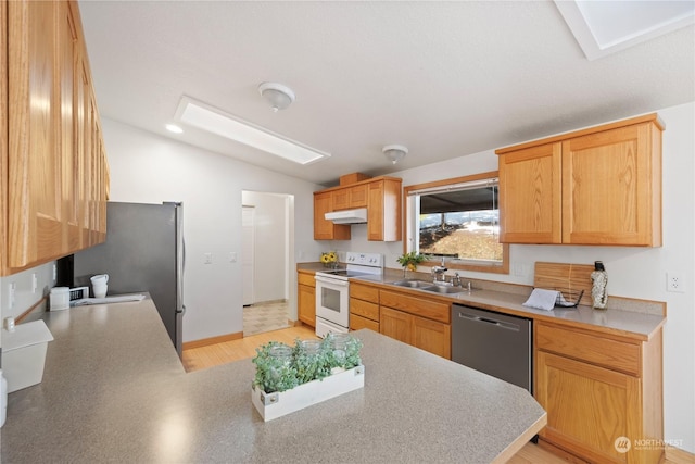 kitchen featuring lofted ceiling, sink, and stainless steel appliances