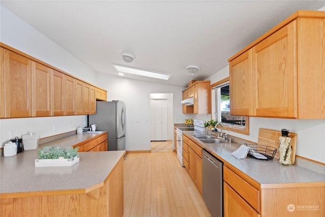 kitchen featuring sink, light hardwood / wood-style flooring, stainless steel appliances, and light brown cabinets