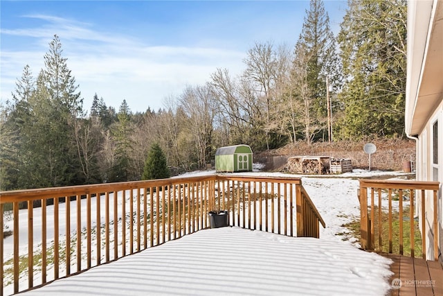 wooden terrace with a storage shed