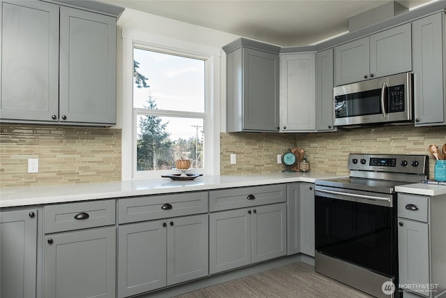 kitchen featuring gray cabinetry, decorative backsplash, and stainless steel appliances