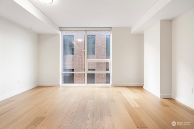 empty room featuring plenty of natural light, light wood-type flooring, and a wall of windows