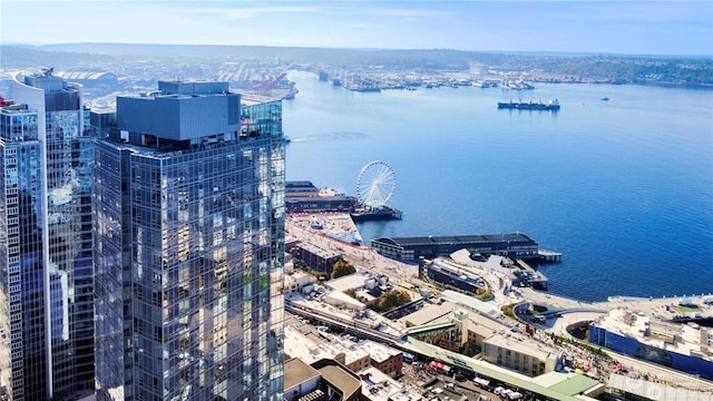 bird's eye view with a water view