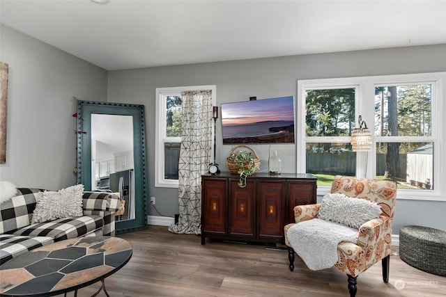 living area with plenty of natural light, baseboards, and wood finished floors