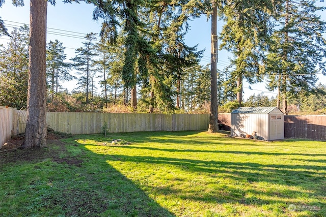 view of yard with an outbuilding, a fenced backyard, and a shed