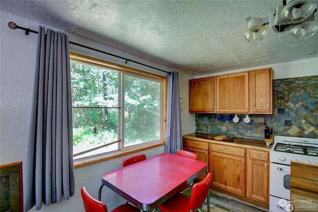 kitchen with backsplash, a textured ceiling, and gas range gas stove