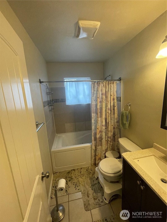 bathroom with toilet, shower / bathtub combination with curtain, tile patterned flooring, and vanity