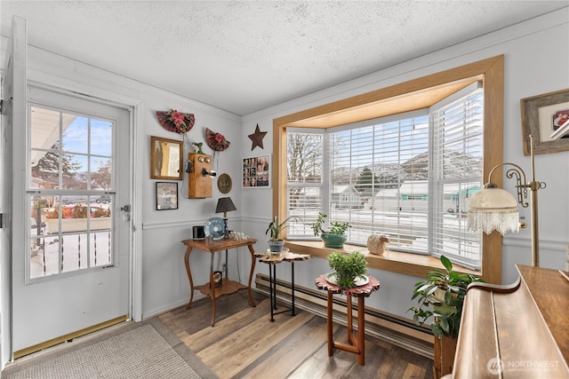 interior space featuring a textured ceiling, baseboard heating, and wood finished floors