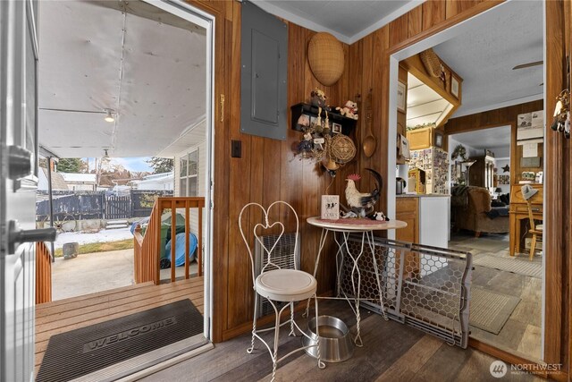 wine area with wooden walls, electric panel, a ceiling fan, and wood finished floors