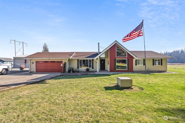 single story home with a garage and a front lawn