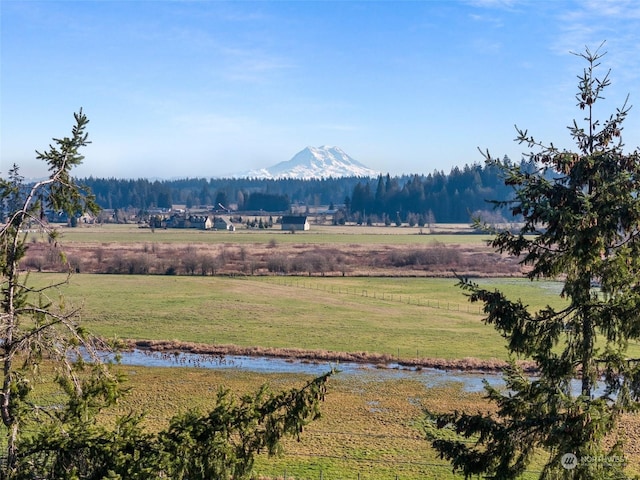 view of mountain feature featuring a rural view and a water view