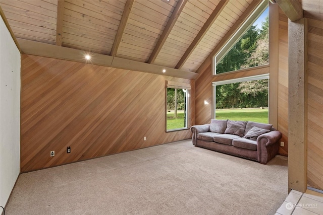 unfurnished sunroom with wood ceiling and lofted ceiling with beams