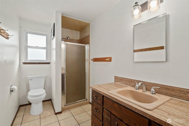 bathroom with tile patterned flooring, vanity, toilet, and walk in shower