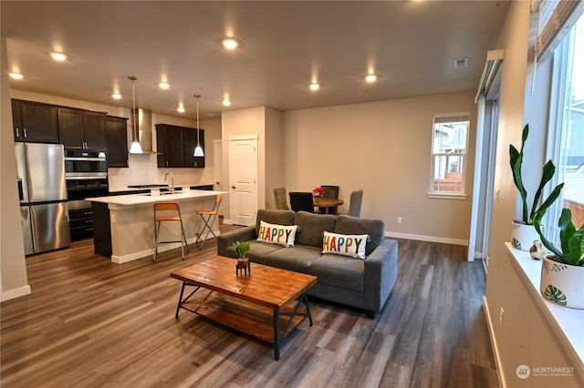 living room with sink and dark hardwood / wood-style flooring