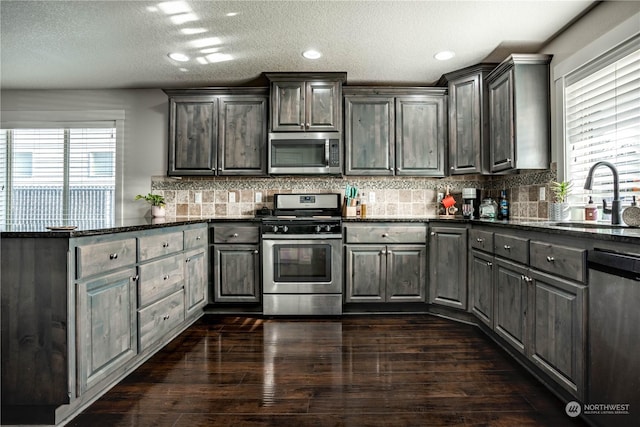 kitchen featuring sink, decorative backsplash, dark hardwood / wood-style floors, and appliances with stainless steel finishes