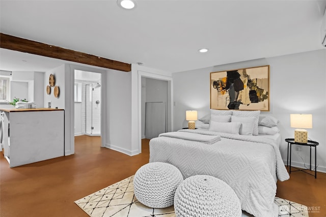 bedroom with beam ceiling, recessed lighting, and baseboards