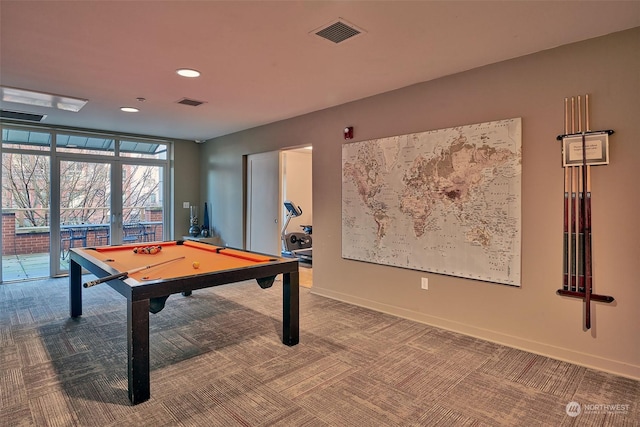 recreation room featuring billiards and carpet floors