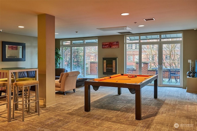 playroom with pool table, carpet floors, and french doors