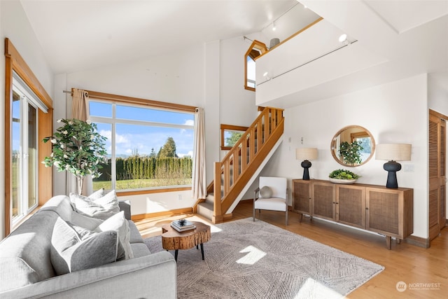 living room featuring high vaulted ceiling, track lighting, and light hardwood / wood-style floors