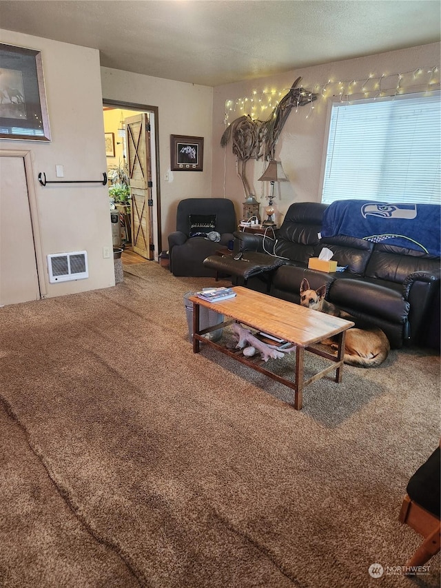 living room featuring carpet floors and heating unit