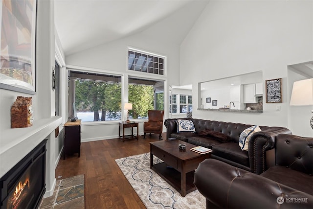 living room featuring dark hardwood / wood-style flooring and high vaulted ceiling