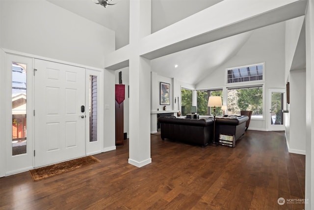 foyer entrance with dark hardwood / wood-style floors and high vaulted ceiling