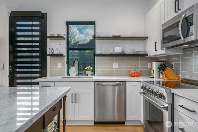 kitchen with sink, backsplash, white cabinets, and appliances with stainless steel finishes