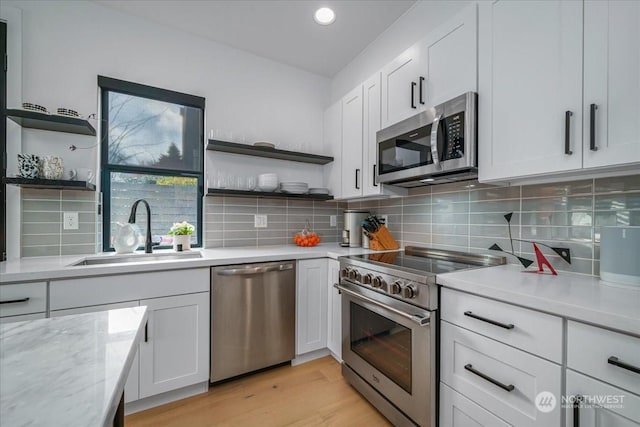 kitchen with sink, white cabinetry, stainless steel appliances, tasteful backsplash, and light wood-type flooring