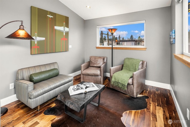 living room featuring lofted ceiling and hardwood / wood-style flooring