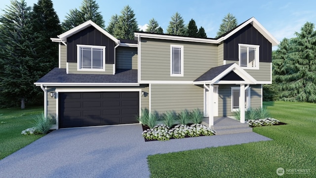 view of front of house featuring an attached garage, driveway, board and batten siding, and a front yard