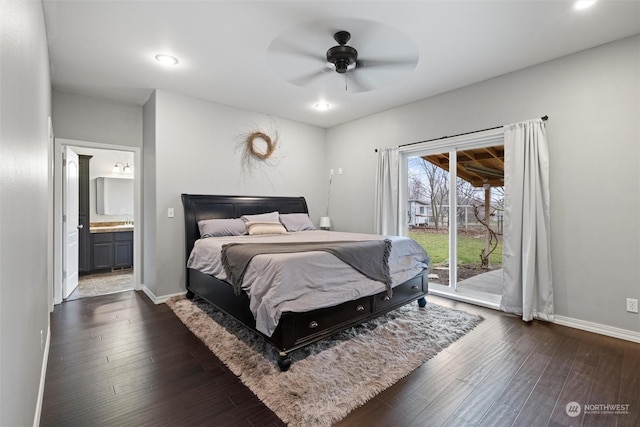 bedroom with connected bathroom, access to outside, dark hardwood / wood-style floors, and ceiling fan