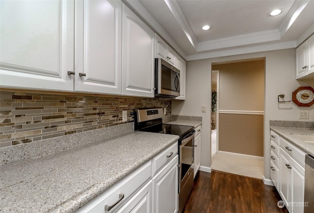 kitchen with dark wood-type flooring, white cabinetry, a raised ceiling, stainless steel appliances, and decorative backsplash