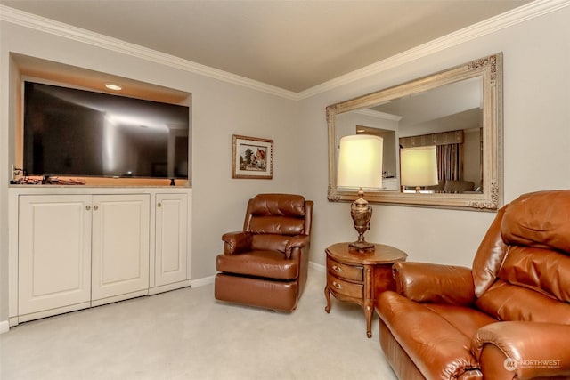 sitting room featuring light carpet and crown molding