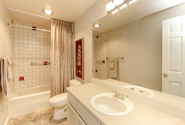 full bathroom with shower / bathtub combination with curtain, vanity, and toilet